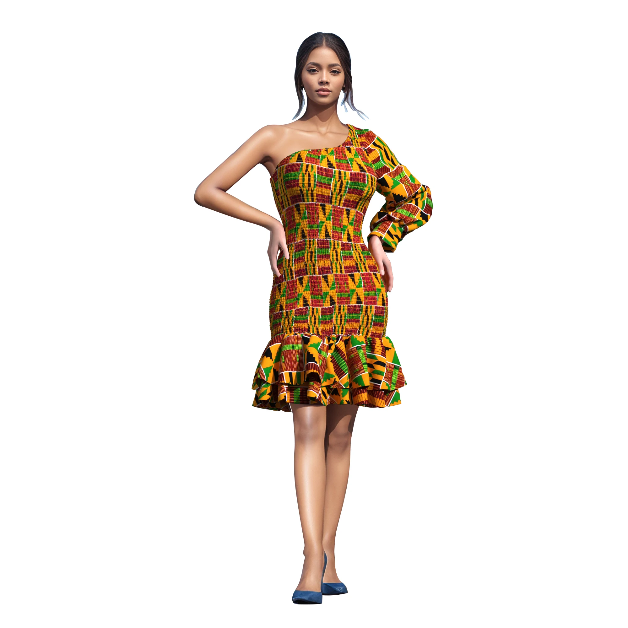 

African Bodycone Dresses for Women Dashiki Print One Sleeve Sexy Party Club Dresses Stretch Elastic African Clothing Wy11105