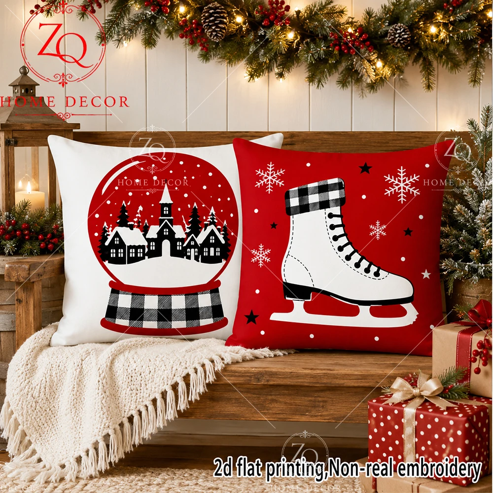Christmas Throw Pillow Covers Buffalo Plaid Snow Globe Ice Skate Xmas Decor Pillowcases For Sofa Couch  Bedroom