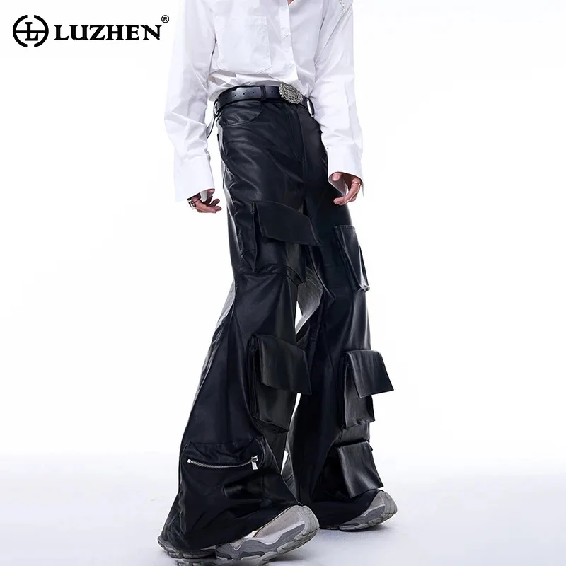 

LUZHEN Multi Pocket Leather Pants Trendy High Street Autumn Dimensional Pocket Original Personalized Stylish Trousers Men LZ6521