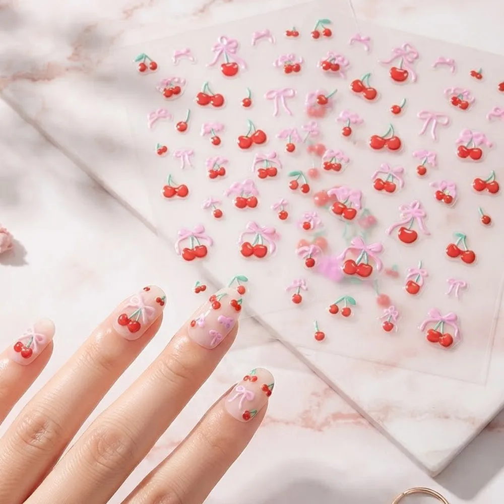 5D Cute Cherry & Bowknot Nail Art Stickers Sweet Relief Embossed Self-Adhesive Nail Decals Summer Fruit DIY Manicure Accessories