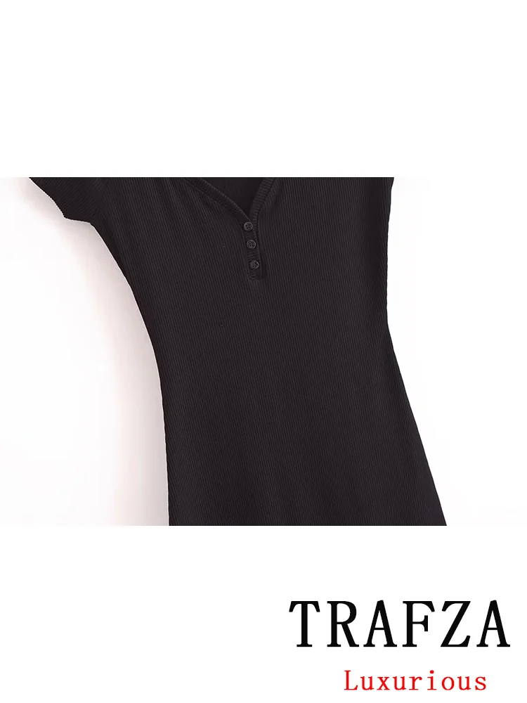 TRAFZA Vintage Casual Chic Women Dress Solid Slim V-Neck Button Short Sleeve Long Dress Fashion 2024 Autumn Female Dress