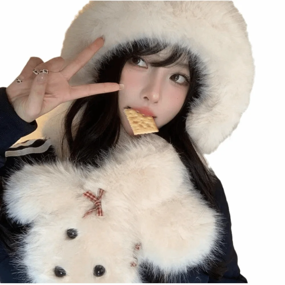 New Fluffy Fur Hat Scarf Set Warm Windproof Pullover Cap Coldproof Cute Dog Beanie Hat Outdoor Sports