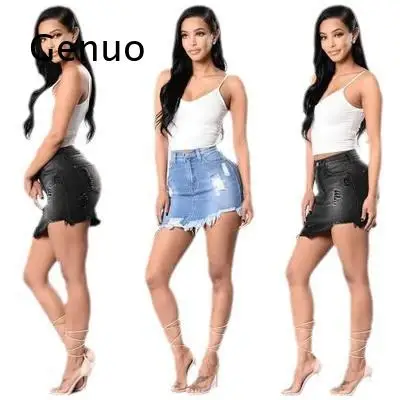 2026 Denim Mini Skirt with Distressed Hem Frayed Raw Edge Bodycon Shorts