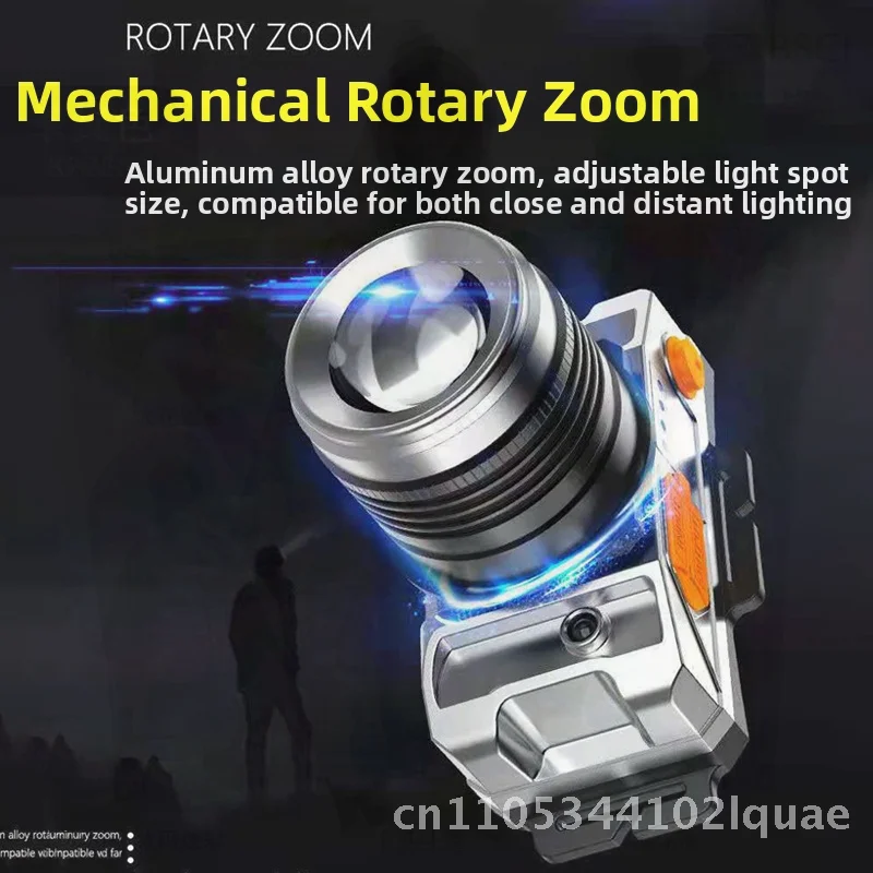 usb充電式ledヘッドライト、ズーム機能付き、三色調光、夜釣りやアウトドア活動に最適な長距離強力ライト