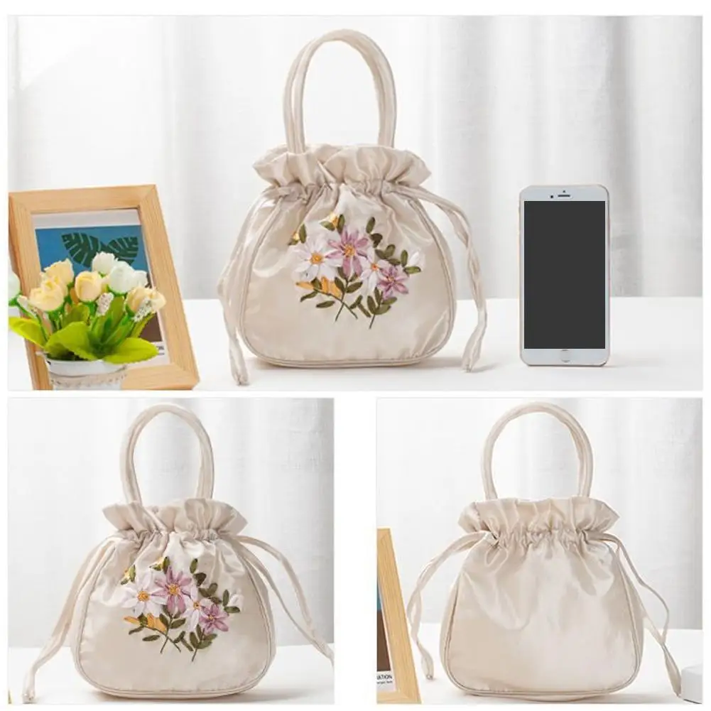 

Small Women Handmade Embroidery Bucket Bag With Handle Ladies Handbag National Style Purse Embroidered Flower Drawstring Bag