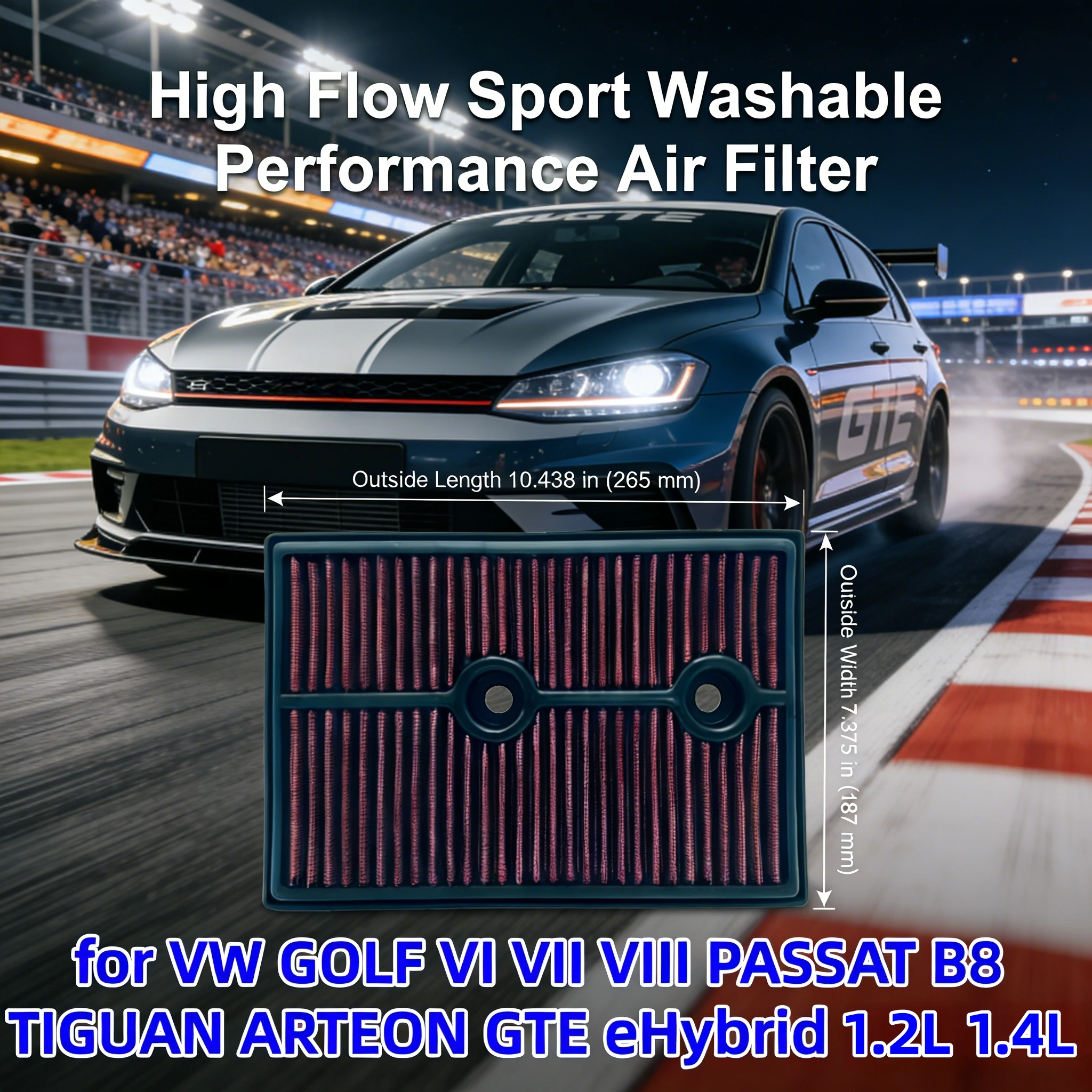 

Высокопроизводительный спортивный моющийся воздушный фильтр для VW GOLF VI VII VIII PASSAT B8 TIGUAN ARTEON GTE eHybrid 1.2L 1.4L TSI 33-3004 04E129620