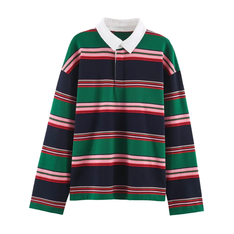 Damen Colorblock Gestreiftes Poloshirt Weiß Kontrastkragen Halbe Knopfleiste Langarm Locker Sitzend Lässiger Pullover T-Shirt Oberteil – Detail 4