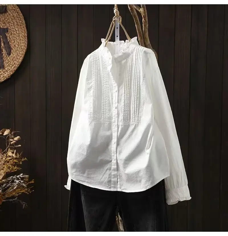 2025 Blusas Mujer De Moda Camicie eleganti da donna 100% cotone Camicetta a pieghe Camicia da donna Top lunghi Abbigliamento da donna