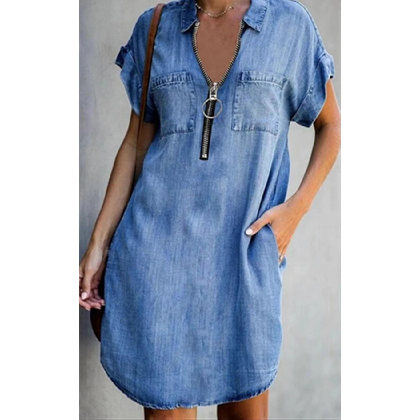 New style pocket solid color denim dress casual dress, multi-functional denim dress day, often casual and fashionable