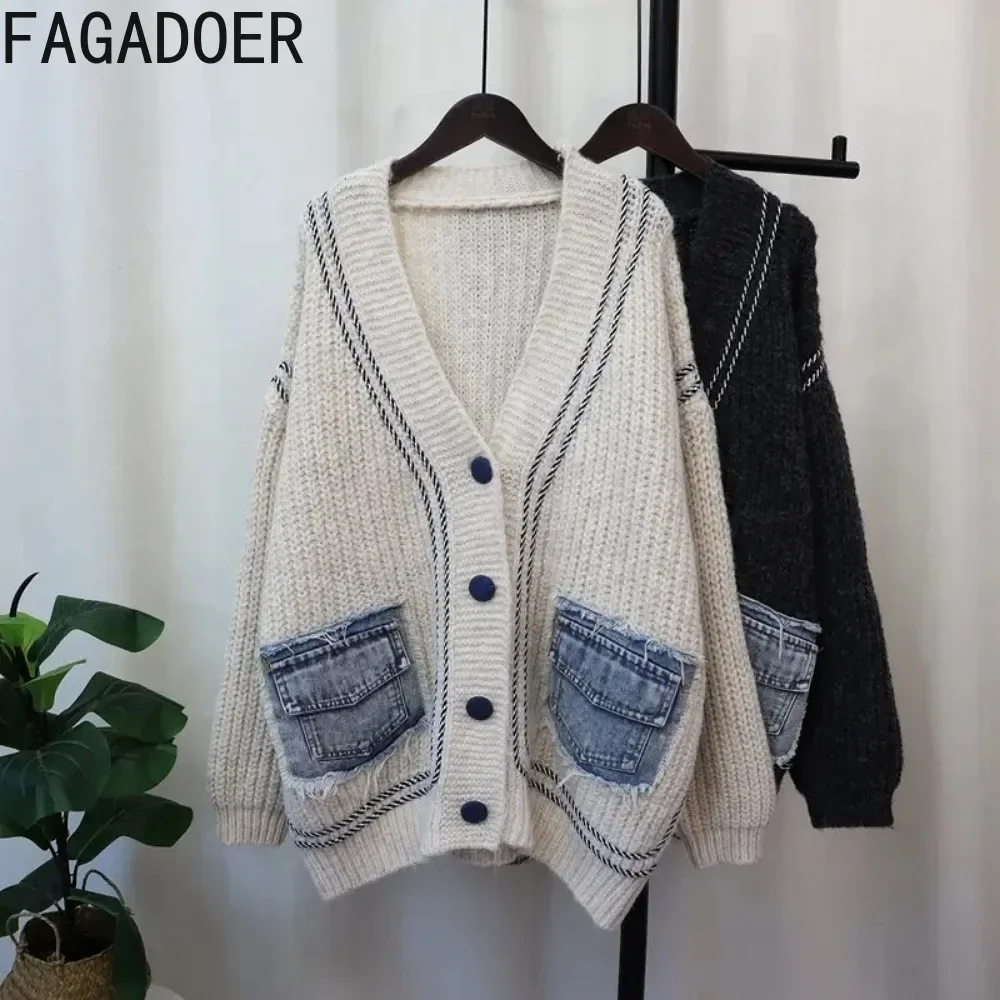 FAGADOER White Knitted Sweater Stitching Tops Women Fashion V Neck Long Sleeve Loose Denim Pocket Patchwork Cardigan Y2K Sweater