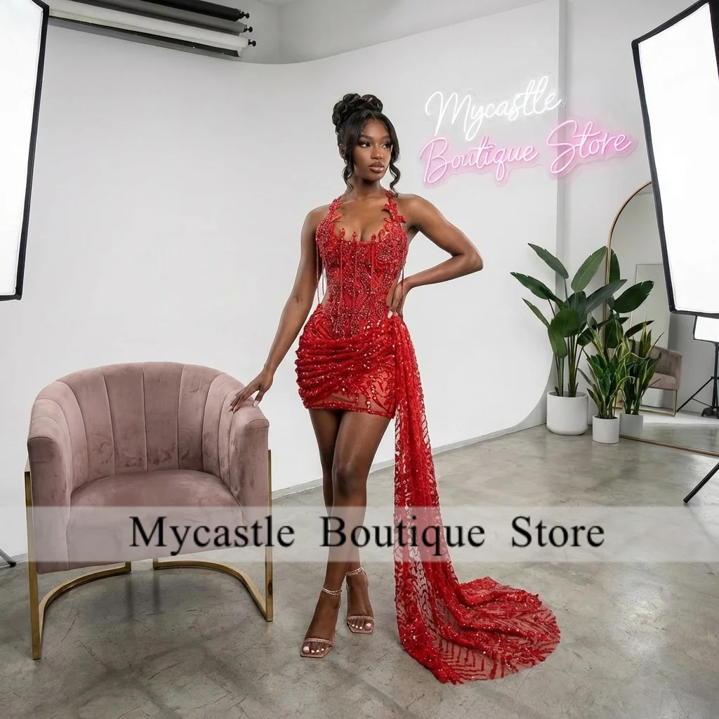 Homecoming Chic Red Halter Neck Beaded Ruched Mini High Low Side Train Cocktail Party Prom Dresses for Women Customized Cocktail