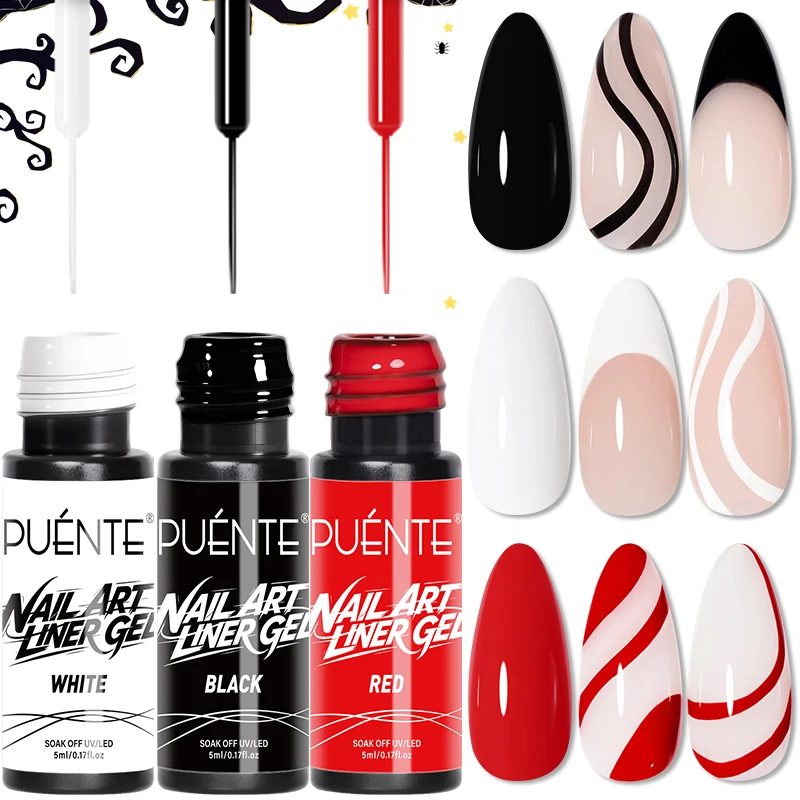 PUENTE 5ML Black White Red Drawing Gel Nail Polish Micro Brush Head French Line Graffiti Stripe Soak Off UV Nail Art Varnish