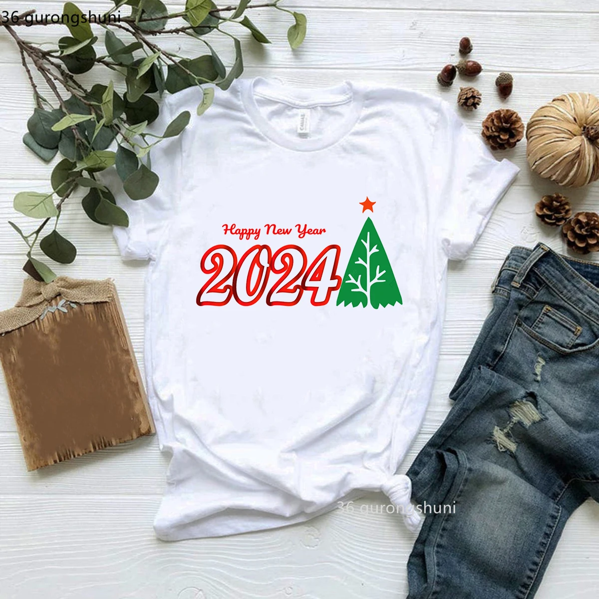 2024 Merry Christmas And Happy New Year T-Shirt Women Clothes Female Clothing Family Party Short Sleeve T-Shirts Tee Top