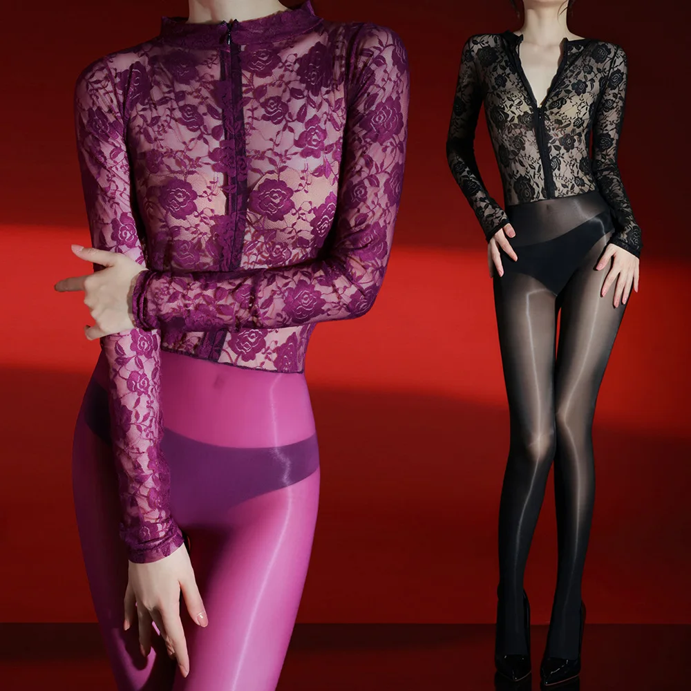 Sexy Lace Oil Shiny One-Piece Suit Hollow out Floral Pattern Slim Fit Personality Lady Style Summer Ultra-Thin Nylon Tights