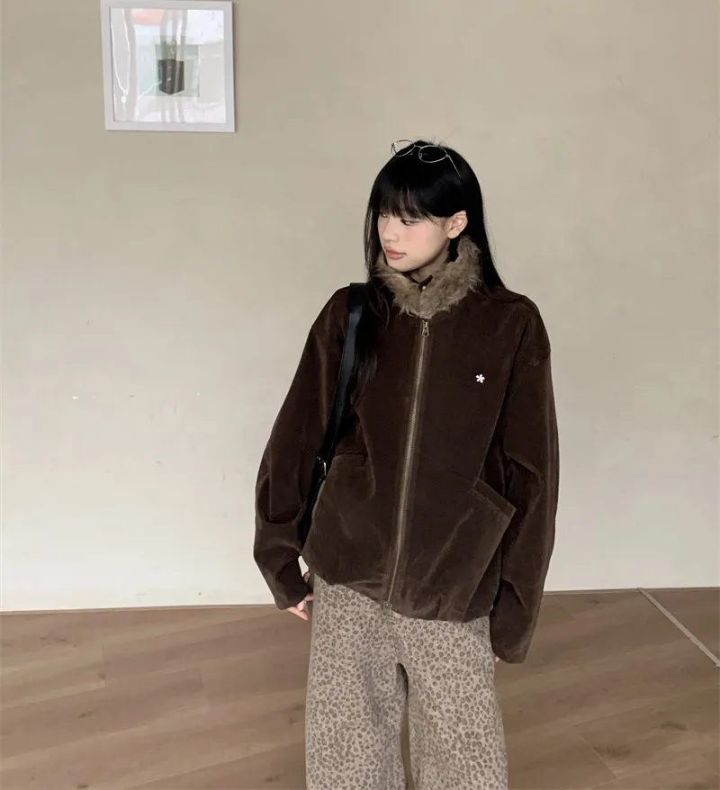 

Denim Coat Hoody Fur Plush Womens Autumn Slim-Fit Corduroy Chic Outdoor Activities Mountaineering Standneck Buttoned Drawstring