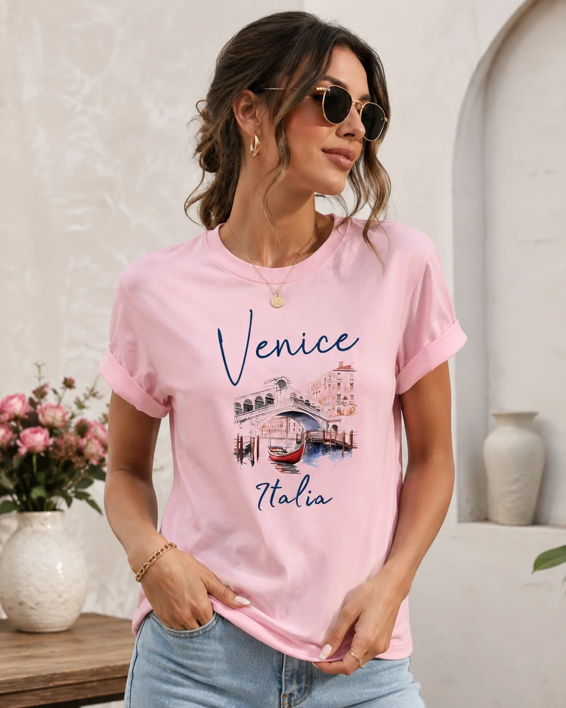 Hot Selling Venice Italian Letter Printed Women's Round Neck T-shirt Casual Short Sleeved Letter Printed Fashionable Top T-shirt