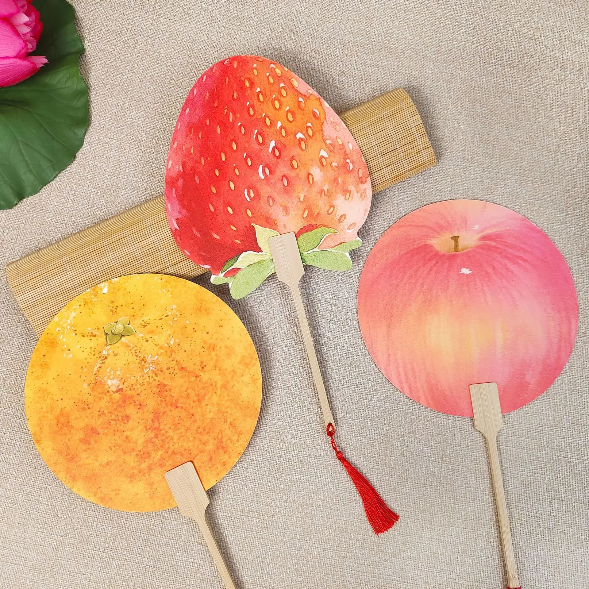 

Orange Pattern Handheld Fan Watermelon Litchi Strawberry Print Round Fan with Wooden Handle Outdoor Travel Camping for Summer