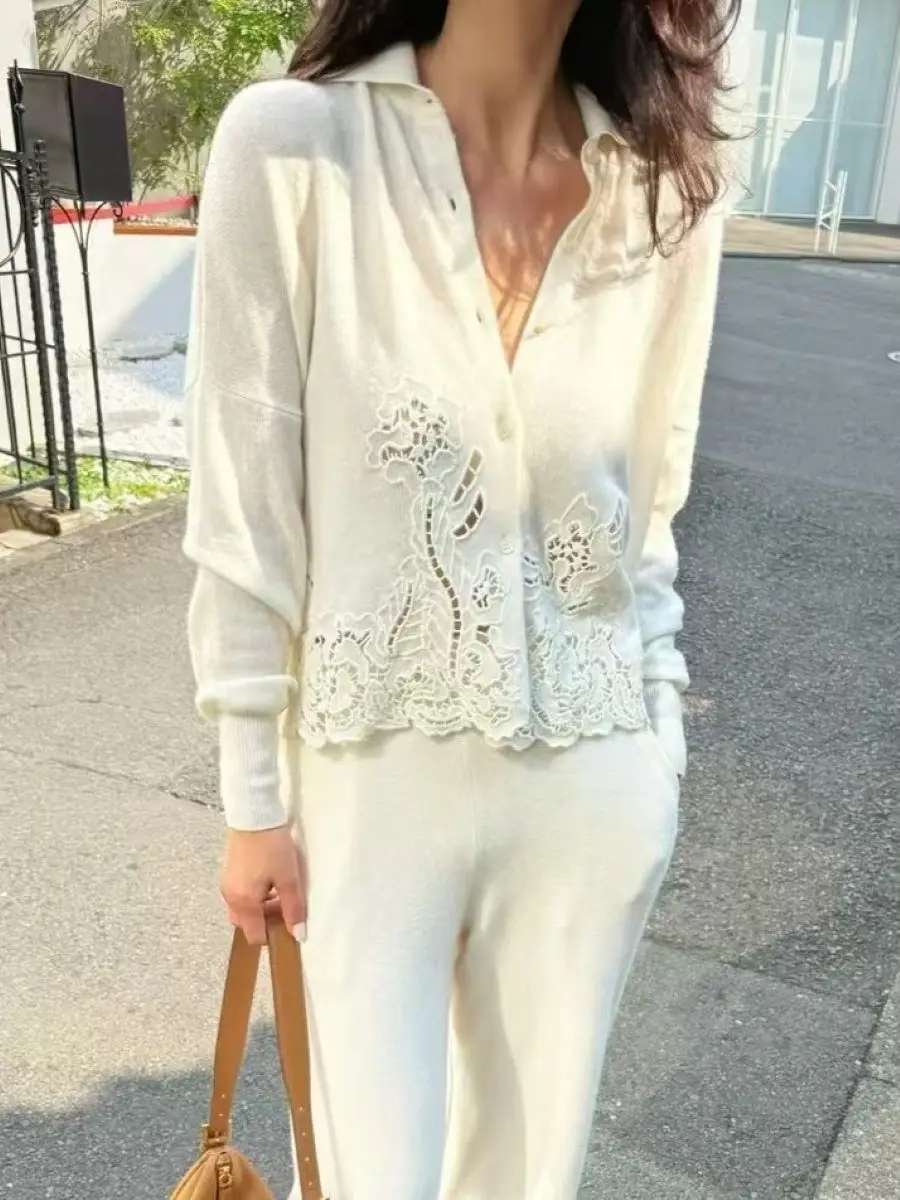 

Hook Flower Hollow Women's Cashmere Sweater Autumn Single Breasted Turn-down Collar Long Sleeve Elegant Ladies Knitted Cardigan