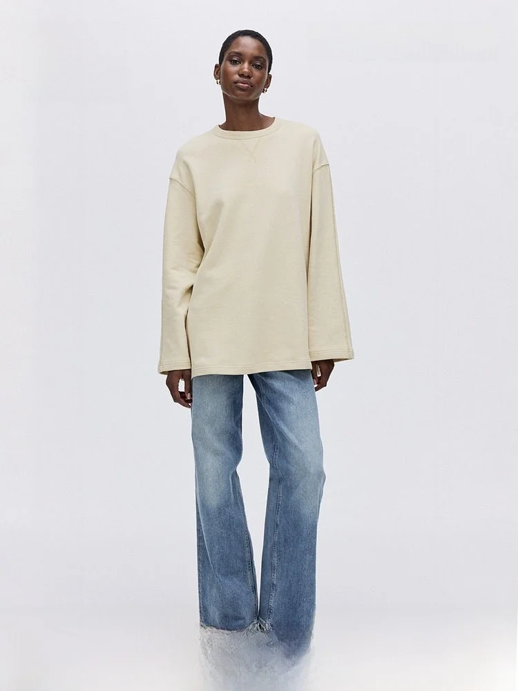 

H&M Women's American Style Trendy Sweatshirt Loose Fit Long Sleeve round Neck Pullover Cotton 100% Color Sweatshirt