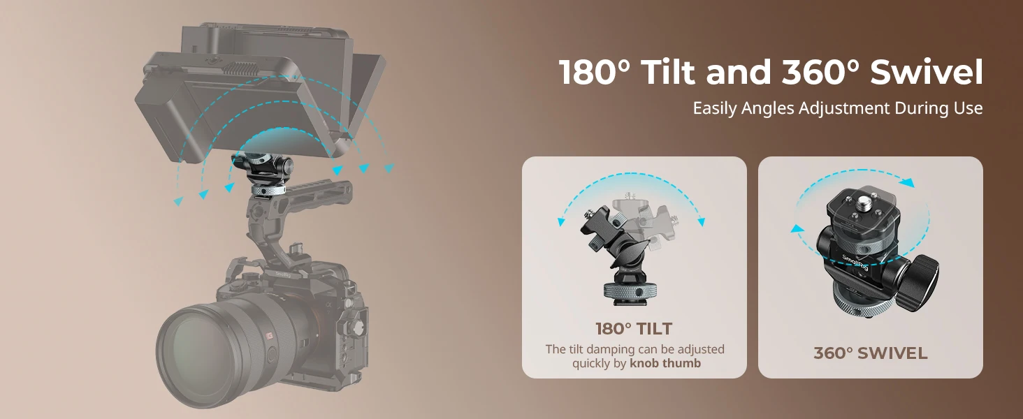 SmallRig Monitorhalterung für horizontale und vertikale Aufnahmen mit Cold-Shoe-Halterung, schwenk- und neigbar, für DSLR-Käfiggriff 6313 – Detail 6
