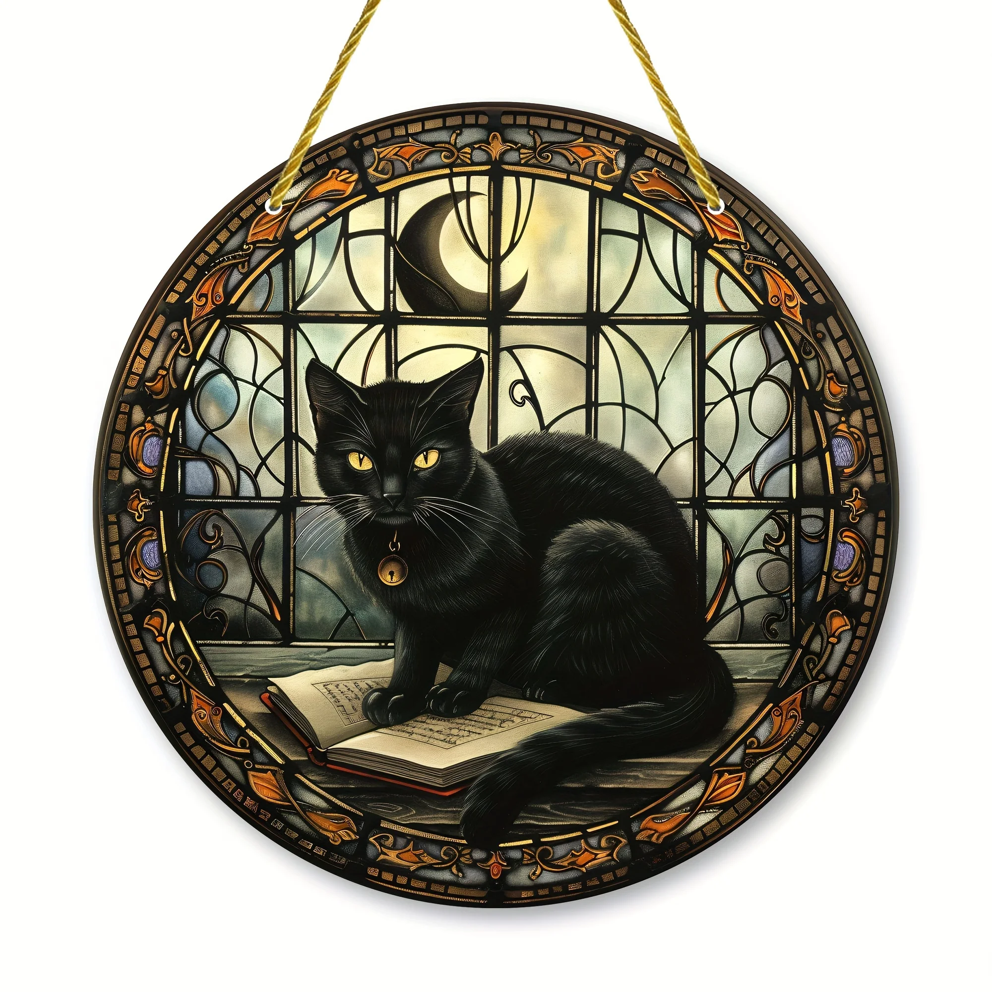 Halloween Black Cat Sun Catcher - Stained Glass Style Acrylic Window Hanging for Interior, Outdoor Decorations, Porch, Wall Art