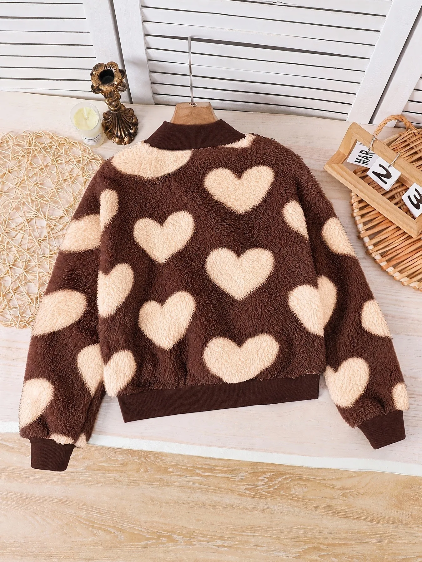 Kids Girls Heart Print Fleece Sweater Soft Warm Plush Pullover for Outdoor Farm Daily Wear, 1 Piece, Kids Cozy in Autumn Winter