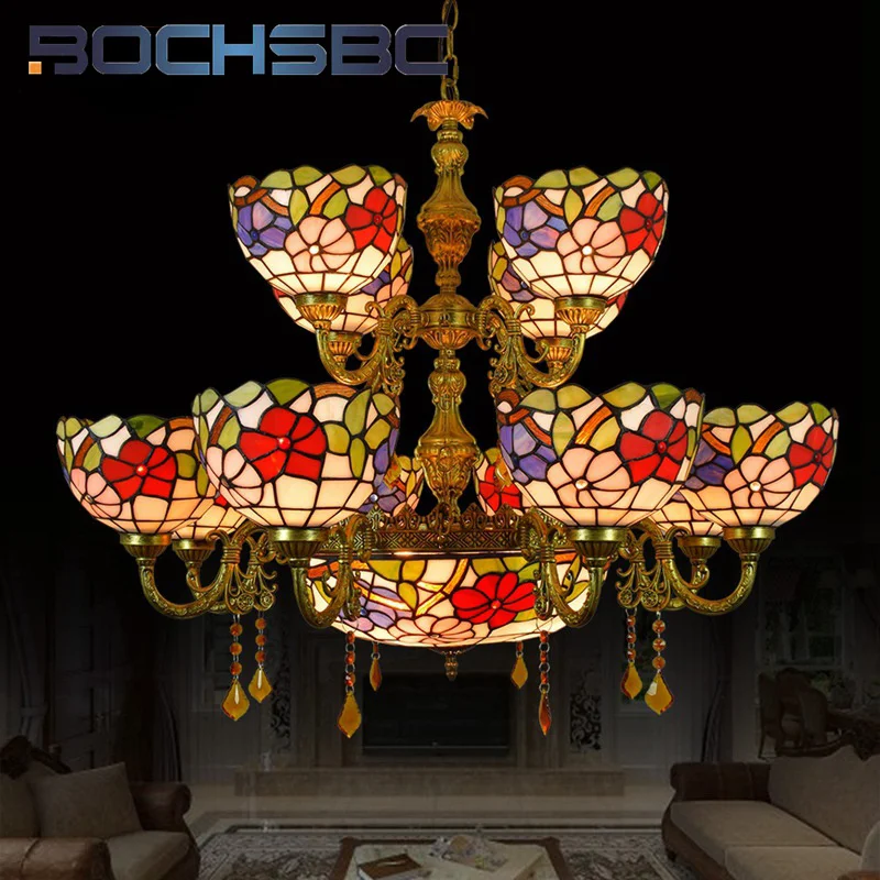 BOCHSBC Tiffany style stained glass morning glory double multi-head Pendant lamp Hotel Bar Living room Dining room LED decor