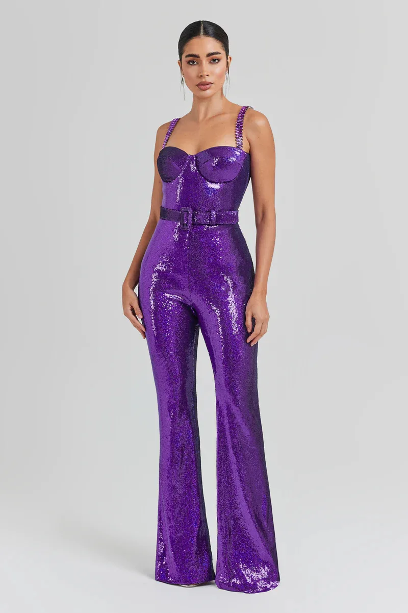 Purple Fashion Women Jumpsuit Autumn Elegant Casual Sleeveless Sequins Spaghetti Strap Bodycon Wide Legs Pants Jumpsuits