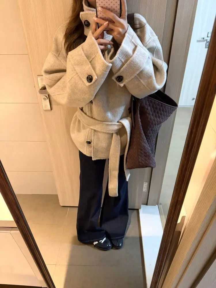 겨울 코란 패션 Y2K 스타일 여성 코트 따뜻한 캐주얼 프렌치 우아한 디자인 울 스탠드업 칼라 트렌치 코트 여성 의류