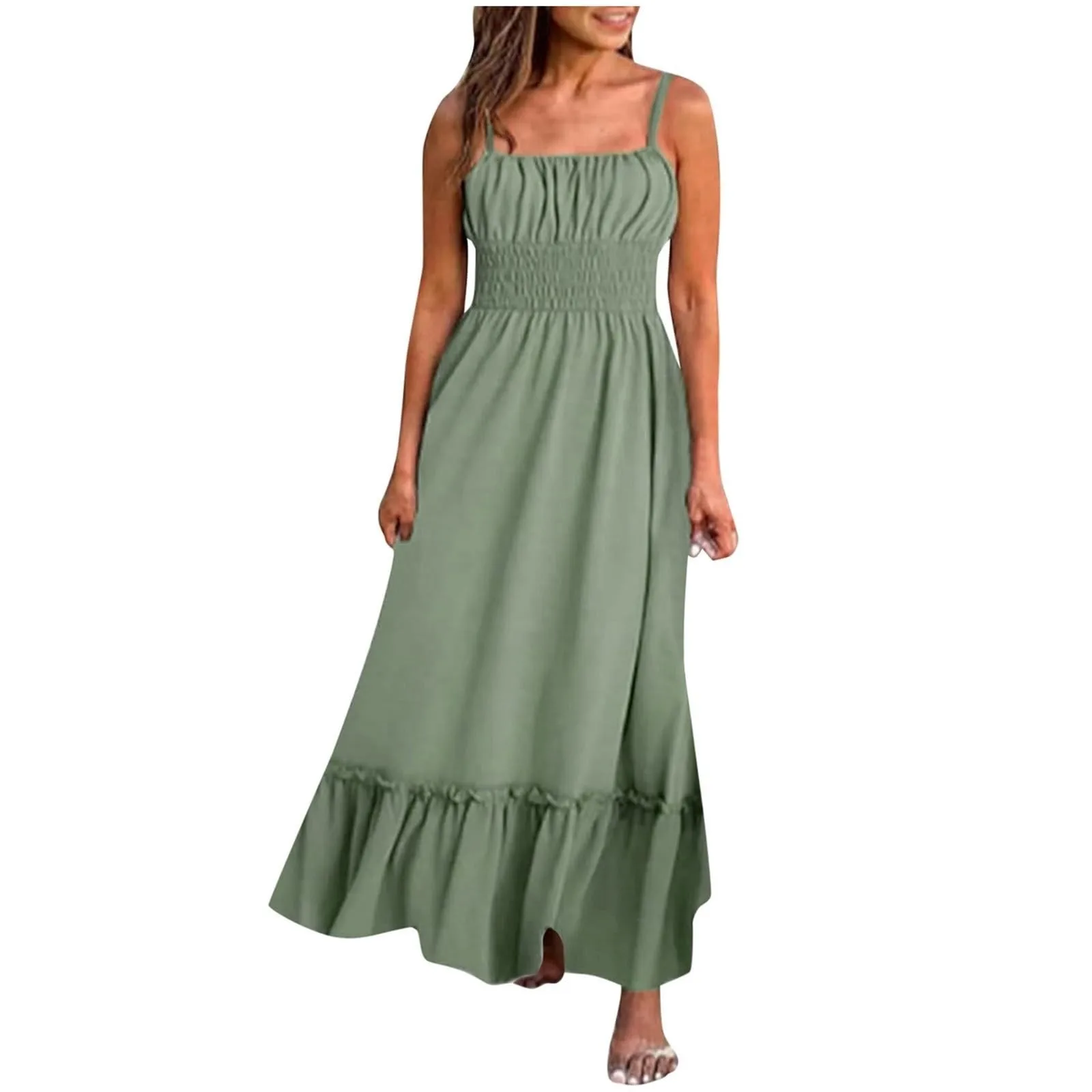 Womens Summer Maxi Dress Sleeveless Floral Spaghetti Strap Smocked Boho Beach Long Dress Beachwear For Vacation Dresses Hot
