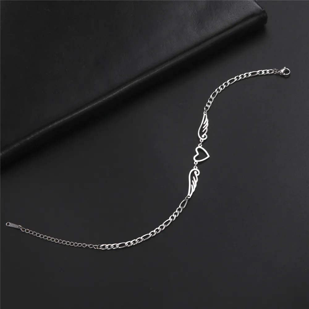 Skyrim Edelstahl-Fußkettchen für Damen mit Herz-Engelsflügel-Anhänger, Figaro-Kette, Fußkettchen, Strand-Accessoire, Geschenk – Detail 10
