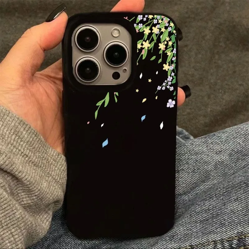 Black Floral Branch Phone Case For iPhone 17 16 15 14 Plus 13 12 11 Pro Max 17 Air Glossy Hanging Flowers Falling Petals Case