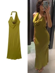 TRAF 2024 Summer Women Solid Halter Midi Dress Elegant Backless Pile Collar Sleeveless Party Dress Sexy Ladies Beach Style Dress