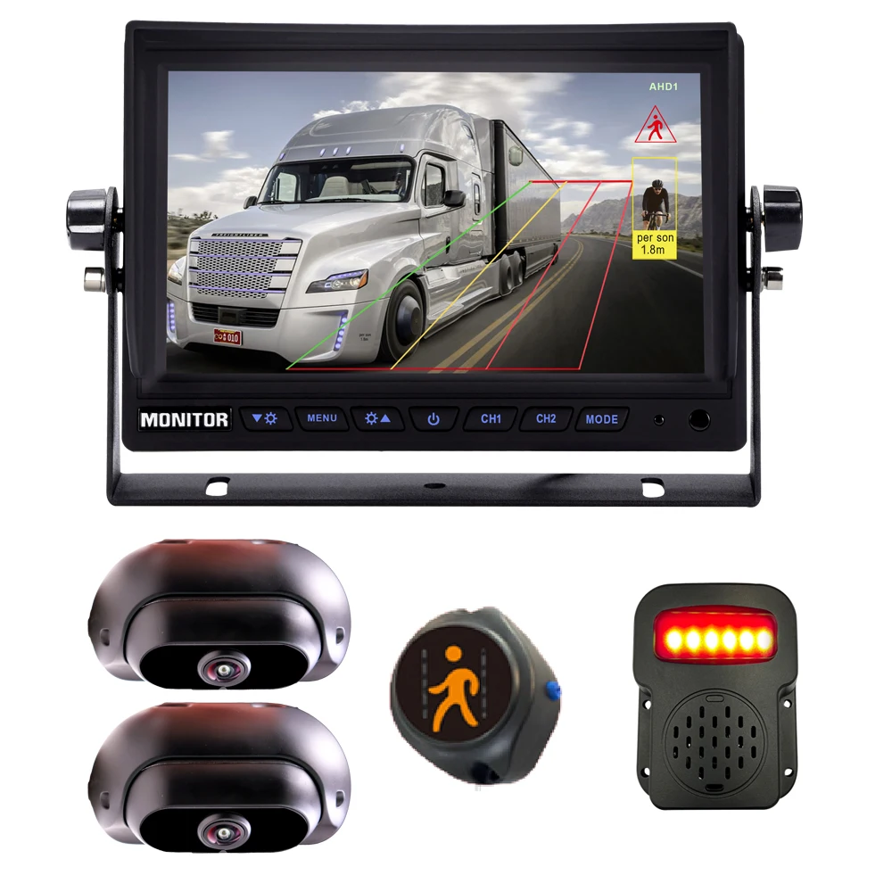 1080P Front and Side AI BSD Pedestrian Detection  System with 7'' AHD Mon itor & Inside Outside Audible and Visual Alarm