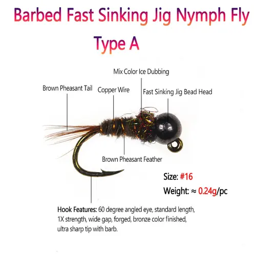 Imagen 2 del producto Bimoo 6PCS # 16 cabeza de cuentas de tungsteno con púas Jig Ninfa Fly Pheasant Tail fregadero rápido húmedo Euro Perdigon Ninfa mosca trucha Señuelos de pesca