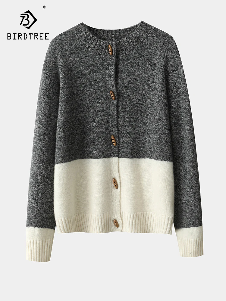 BirdTree, 100%Pure Cashmere Elegant Cardigans, Women Thicken Color Blocked, Casual Fashion Sweater Coat, Autumn Winter T48851QC