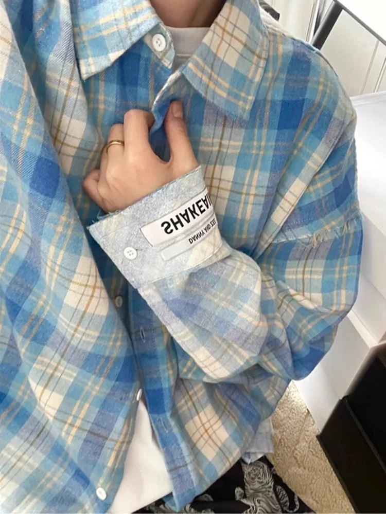 

Water Blue Contrast Color Plaid Long Sve Men's Casual irt Vintage American Sle Loose Fit Printed Jaet Trendy