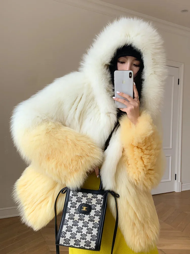 Woven Double-sided Real Fur Coat Women Fashion Gradient Color Natural Fox Hooded Winter Jacket manteau femme hiver 2024 luxe