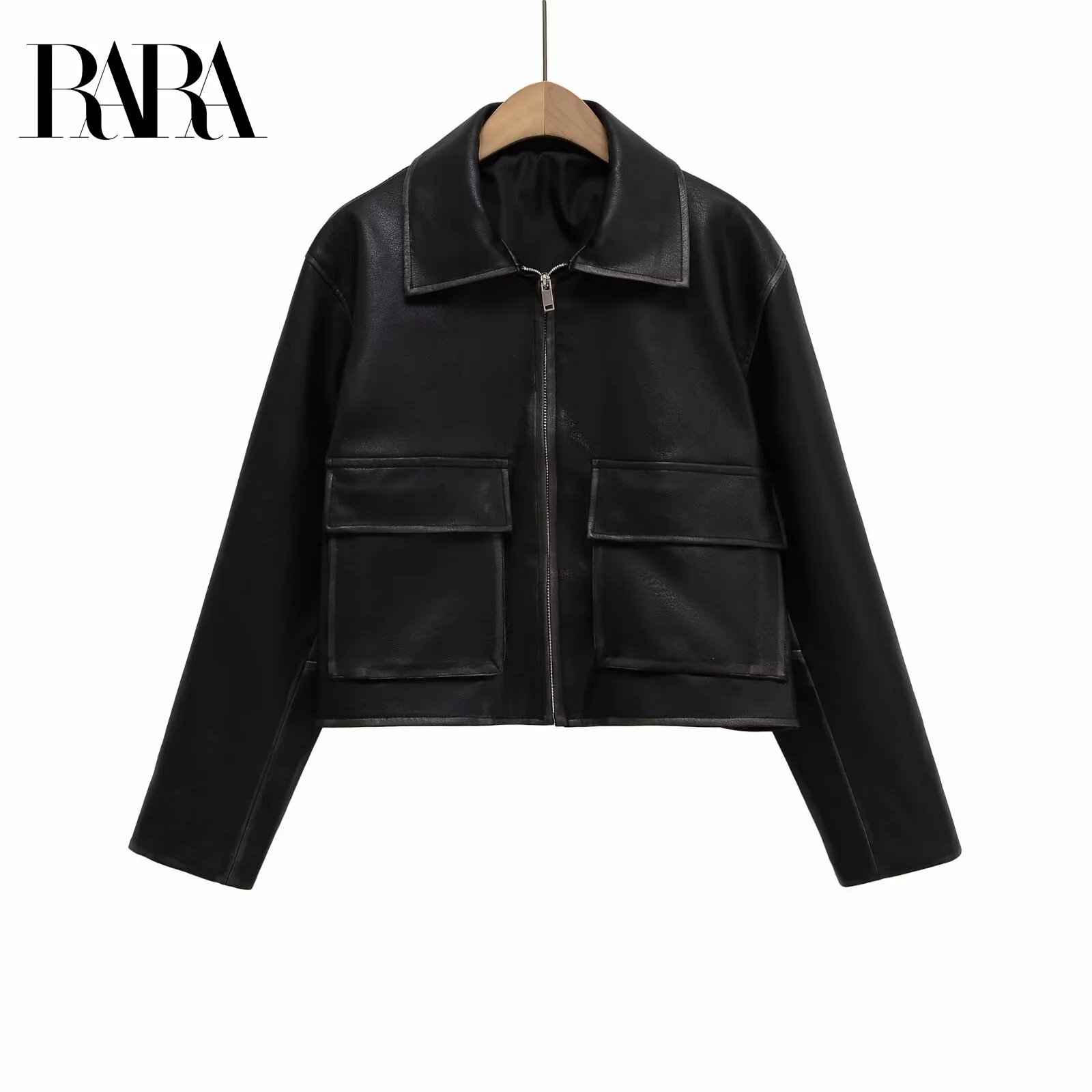 

RARA2025 Womens Autumn New Large Pocket Decorated Casual Retro Fashion Lapel Long Sleeve Distressed Short Leather Jacket Coat