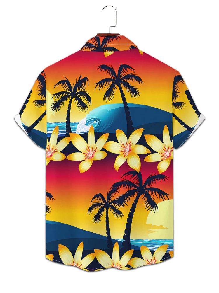 Hawaiian Sunset Coconut Tree 3D Digital Print Shirt Summer Fashion Casual Beach Short -sleeved Shirt Men's Harajuku Style Shirt