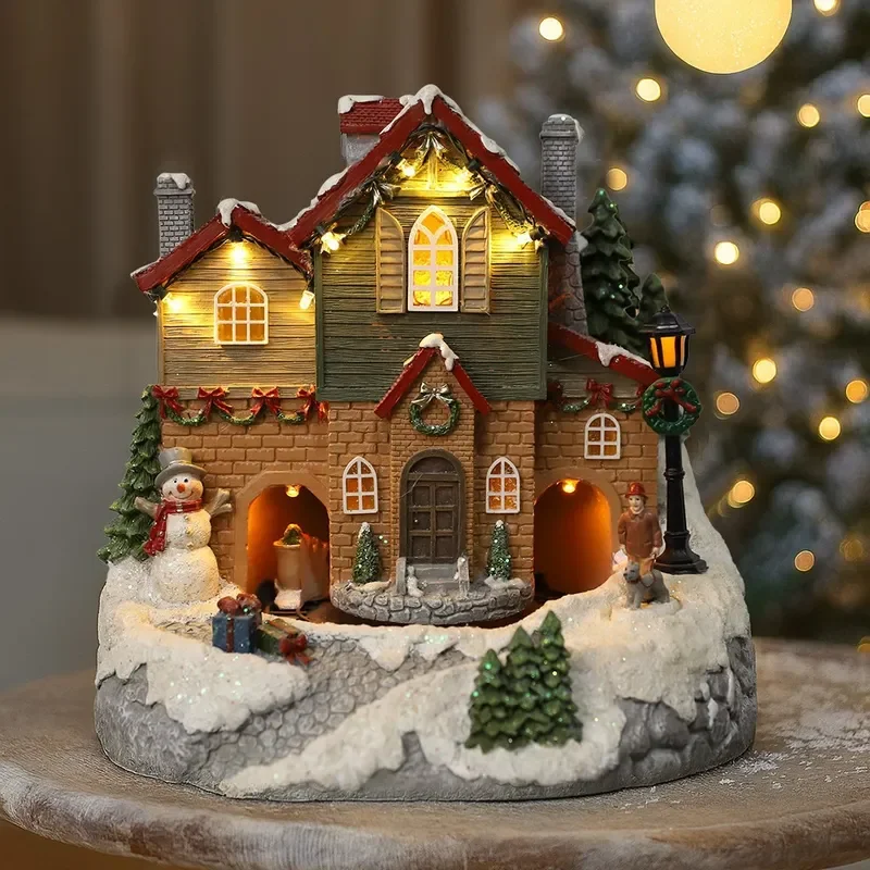 Rotating Resin Christmas House Decoration Micro Landscape Luminous Music Box Light Up Room Ornament Holiday Gift For Home