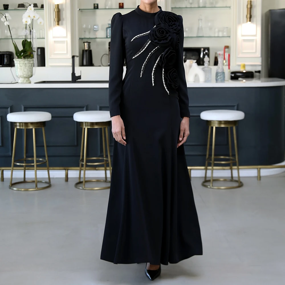 

Customized A-line Evening Dresses Ankle-length High-neck Full Sleeve Prom Gown Fashion Crystal Flowers Simple Draped Party Gown
