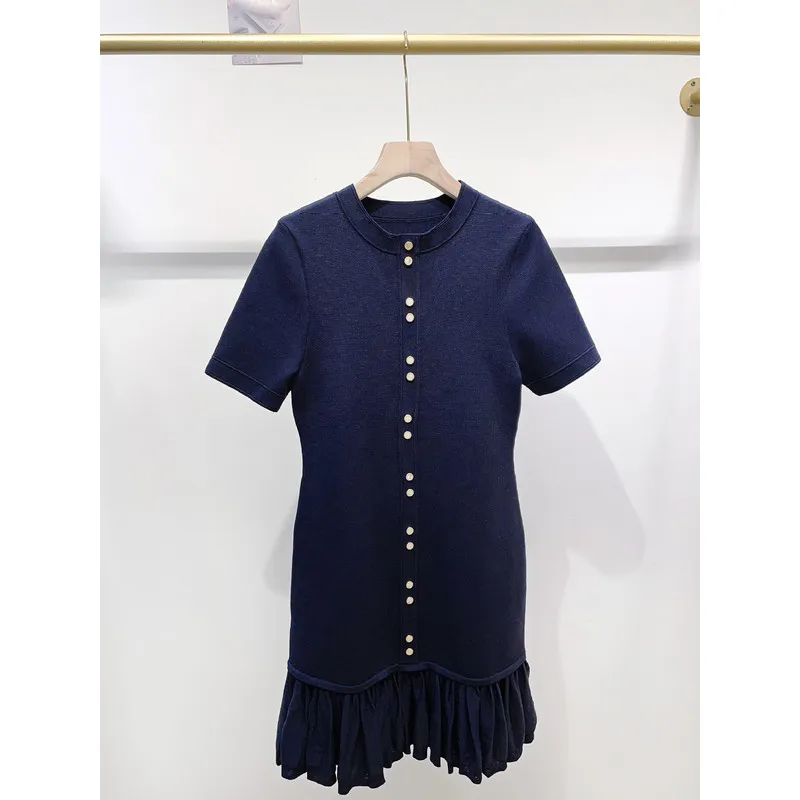 Luxury Breasted Knit Dress Ladies Round Neck Short Sleeve Slim Fit Ruffle Hem Mini Dresses Elegant Daily Party Short Dress