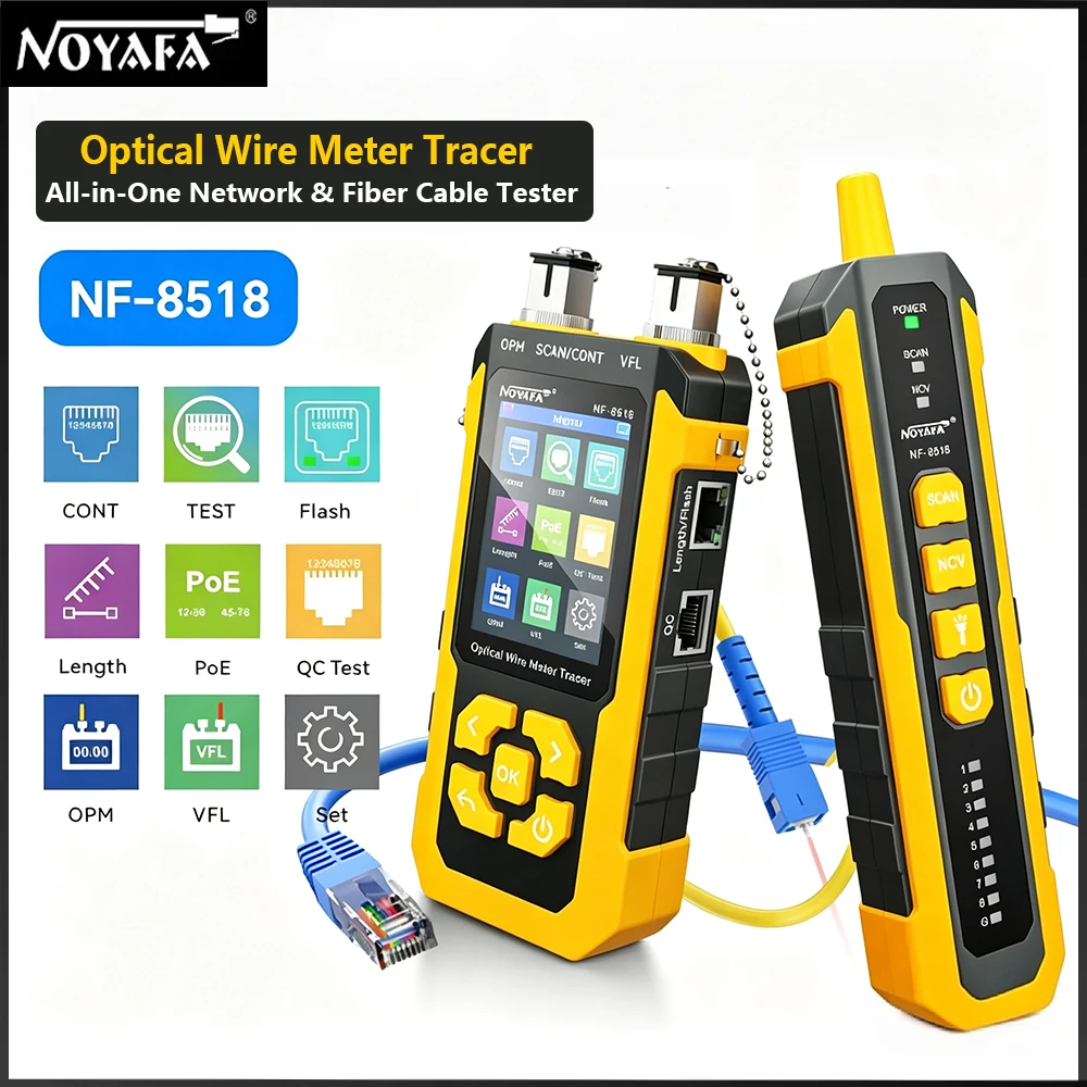 NOYAFA NF-8518 Network Cable Tester Optical Wire Tracer with OPM VFL POE NCV Port Flash Length Measurement RJ45 Continuity Test