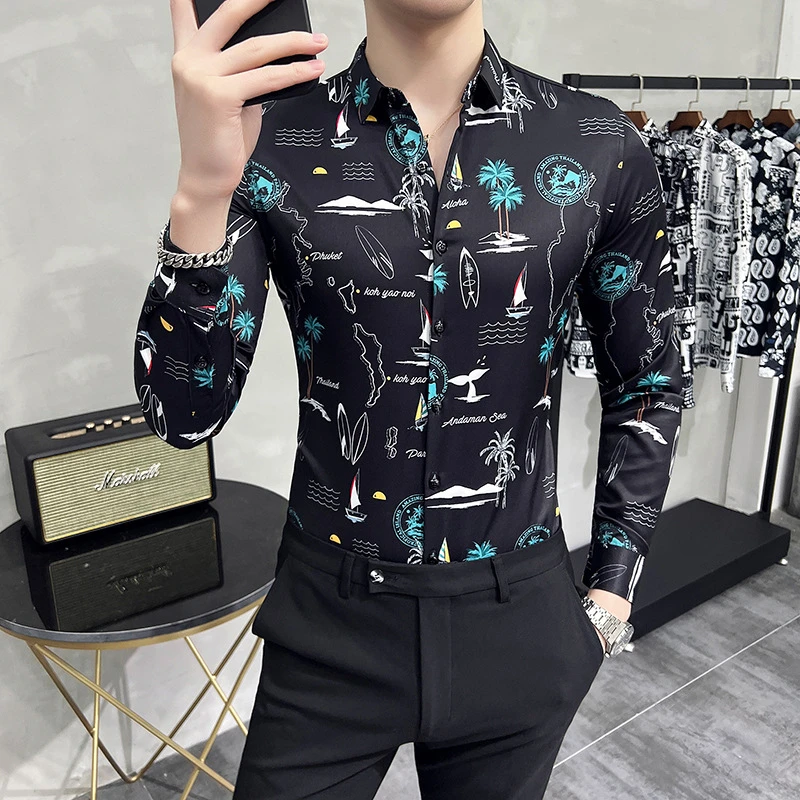 Men's Slim Fit Long Sleeve Dress Shirt Spring Man Vintage Hawaiian Style Print Social Black Shirts Luxury Fashion Casual Poleras