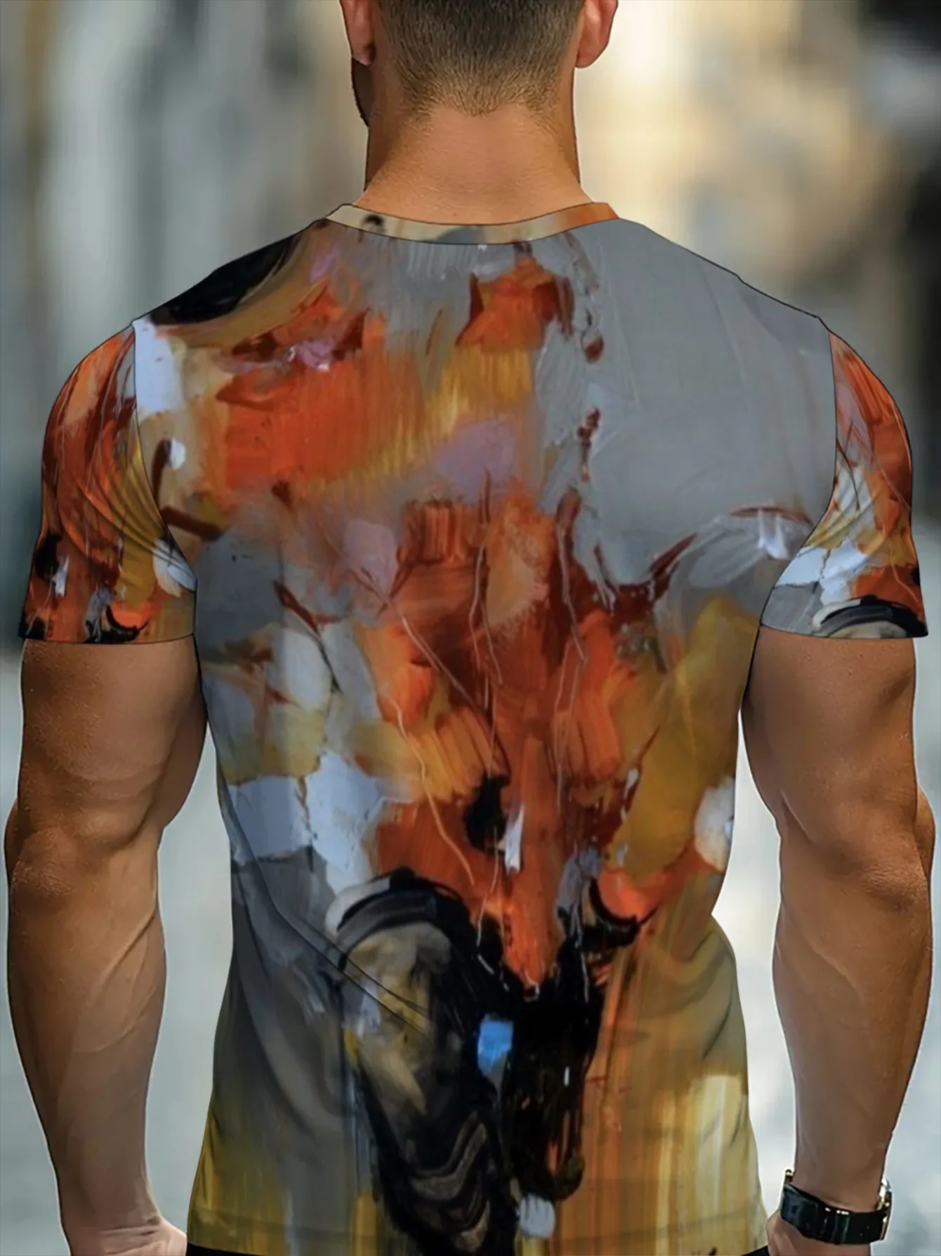 Men Orange Gray Abstract Bull Oil Painting 3D Print Crew Neck T Shirt Summer Short Sleeve Casual Tee