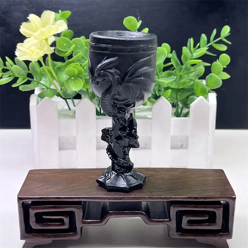 Natural Black Obsidian Dragon And Holy Grail Carving Healing Fengshui Gemstones Home Decoration Holiday Gift 1PCS