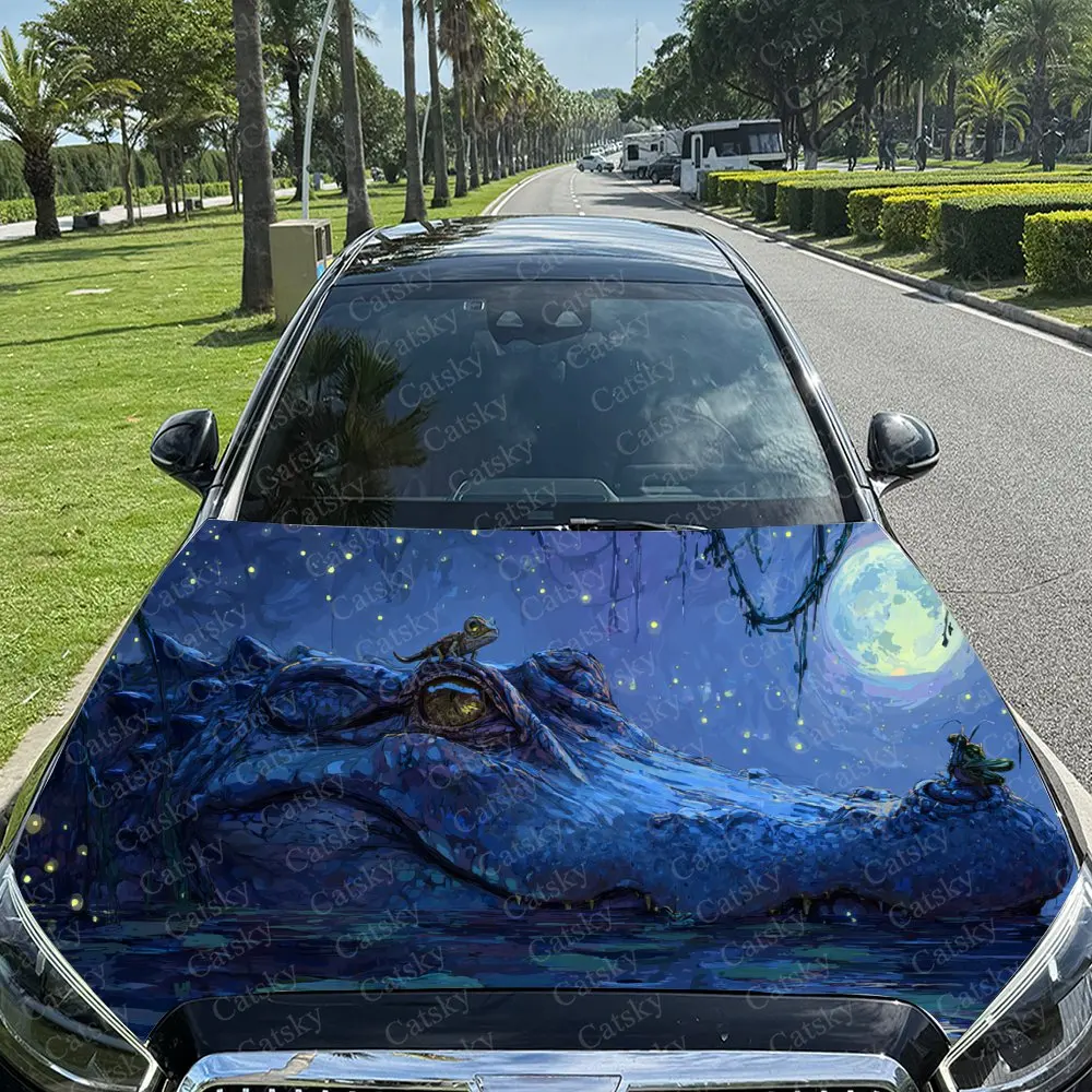 Eye-Catching Artistic Starry Crocodile Car Cover Sticker, Auto Hood Decal, Car Exterior Scratch Resistant Decal, Trendy Gift for