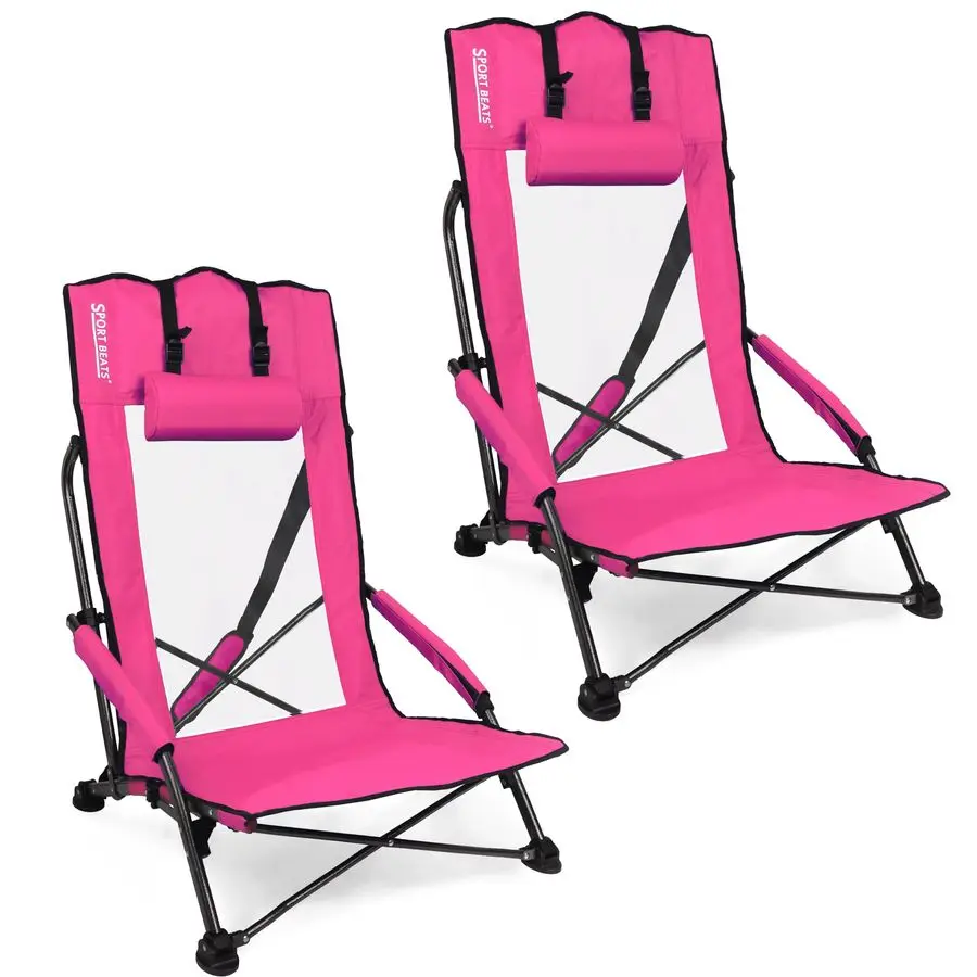 

Стулья для взрослых с высокой спинкой, складные шезлонги с низкой к землю и подушками для головы, погоны розового цвета, упаковка из 2 шт.