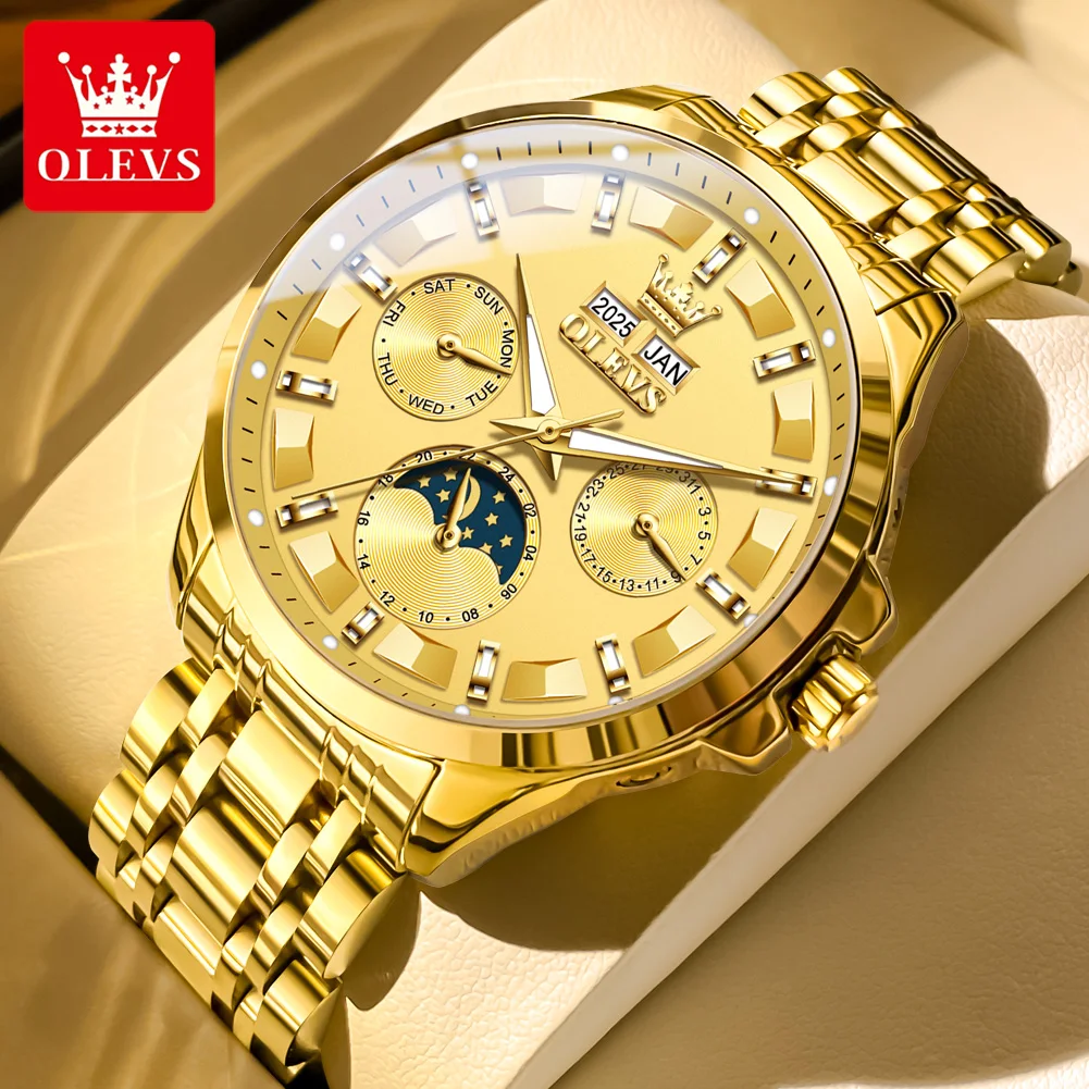 

OLEVS 7070 Mens Watch Automatic Mechanical Watch Multifunctional Date Week Moon Watch For Men 30m Waterproof Luminous Box Gift